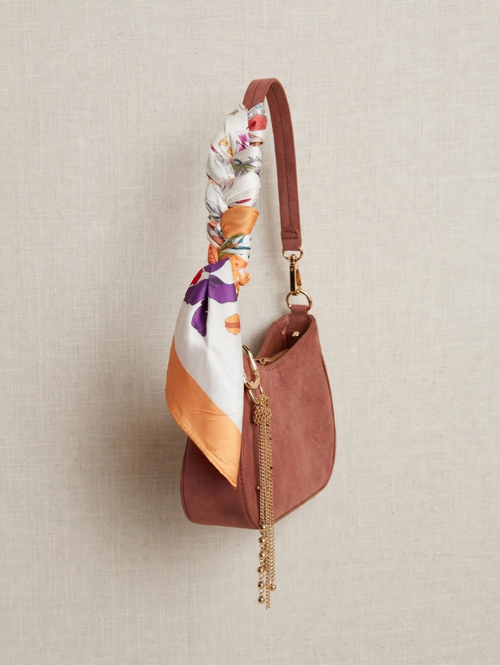 Suede Shoulder Hobo Bag with Decorative Scarf and Tassel - Rust